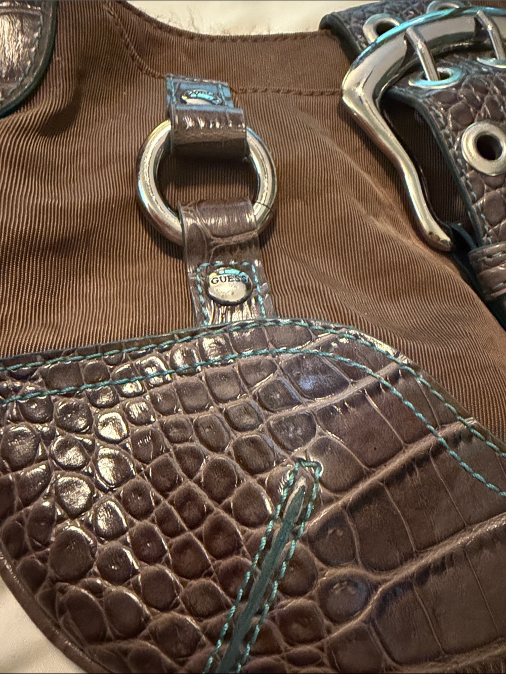 Brown Croc-Trim Guess Shoulder Bag - Picture 2 of 6